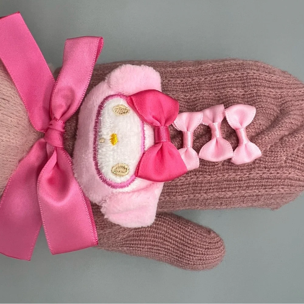 My Melody Sanrio Character • Plush Knit Mittens Gloves • Kawaii Bows Embellished